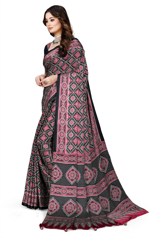 OWLSKY, SASSY & STYLO Womens Japan Satin Saree with Foil Print | Traditional Printed Saree with Unstitched Blouse | Festive Wear Saree for Women | Ethnic Designer Saree Dark Purple