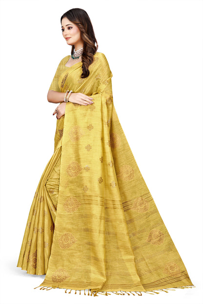 OWLSKY, SASSY & STYLO Women's Elegant Linen Weaving Saree with Unstitched Blouse Piece Haldi Yellow
