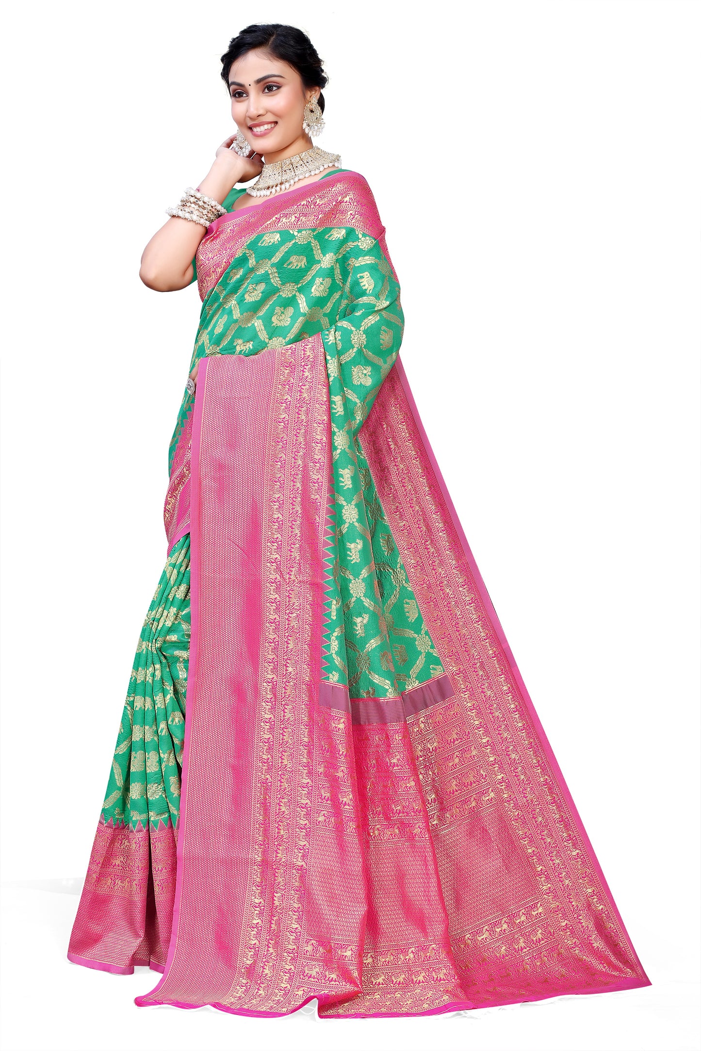 Owl Sky Kanjivaram Cotton Silk Saree for Women with Zari Border | Traditional Indian Saree with Unstitched Blouse Piece | Lightweight Festival Wear Saree | Elegant Soft Cotton Silk Saree Parrot Green