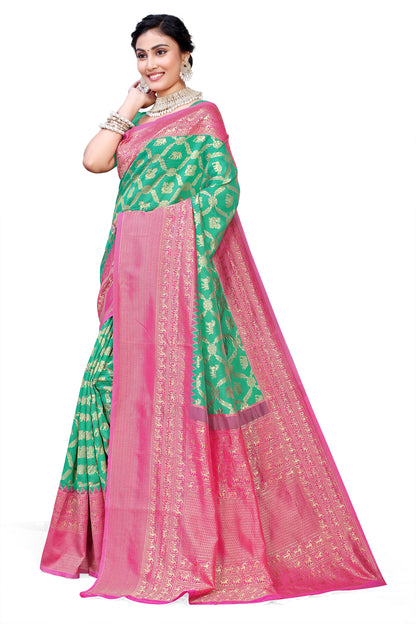 Owl Sky Kanjivaram Cotton Silk Saree for Women with Zari Border | Traditional Indian Saree with Unstitched Blouse Piece | Lightweight Festival Wear Saree | Elegant Soft Cotton Silk Saree Parrot Green