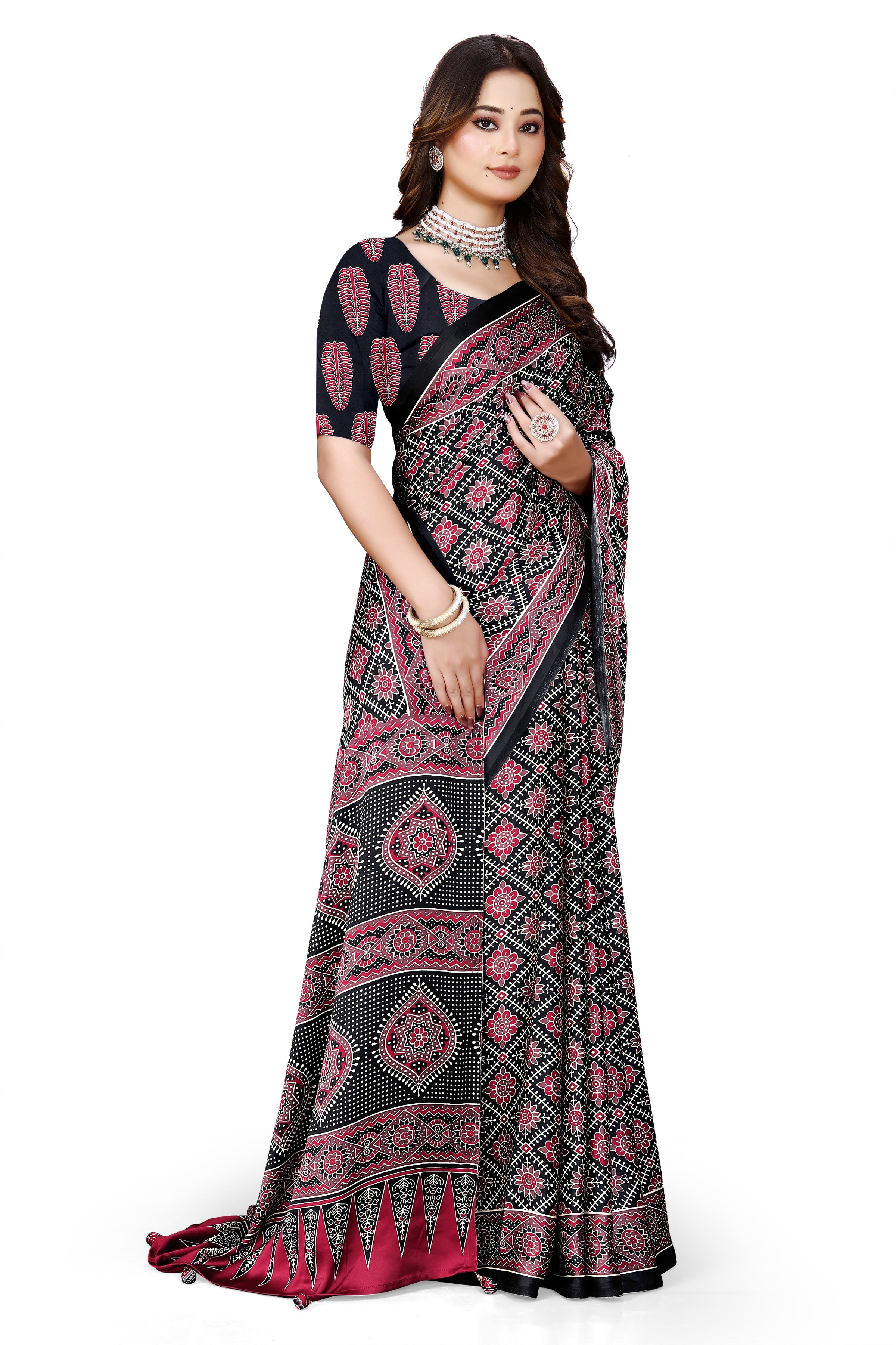 OWLSKY, SASSY & STYLO Womens Japan Satin Saree with Foil Print | Traditional Printed Saree with Unstitched Blouse | Festive Wear Saree for Women | Ethnic Designer Saree Dark Purple