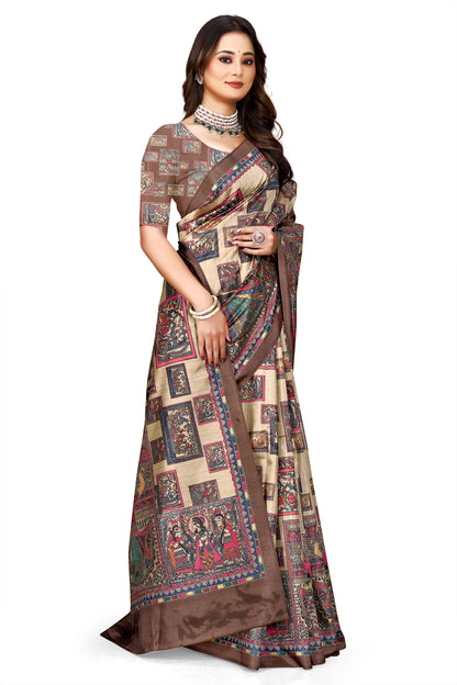 Madhubani Print Manipuri Silk Saree for Women | Indian Ethnic Party & Casual Wear | Unstitched Blouse Included Maroon