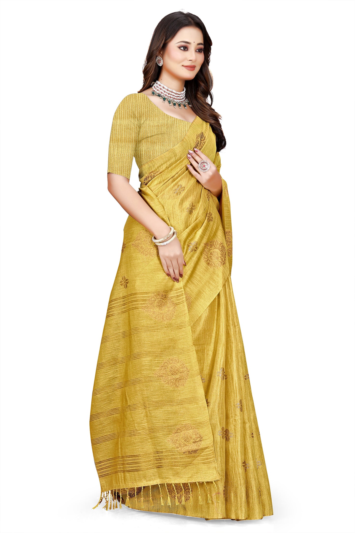 OWLSKY, SASSY & STYLO Women's Elegant Linen Weaving Saree with Unstitched Blouse Piece Haldi Yellow