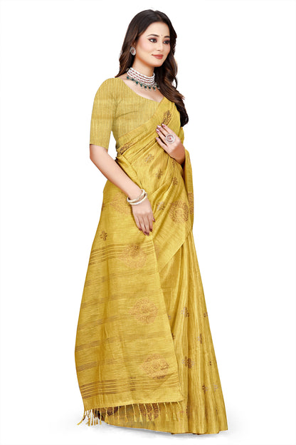 OWLSKY, SASSY & STYLO Women's Elegant Linen Weaving Saree with Unstitched Blouse Piece Haldi Yellow