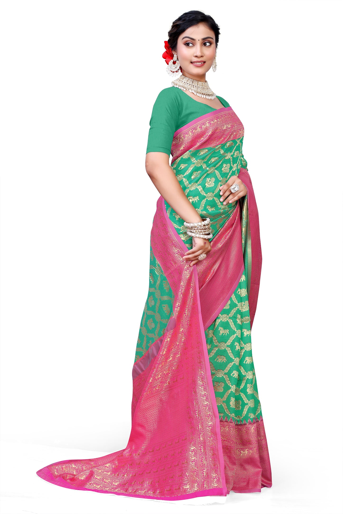 Owl Sky Kanjivaram Cotton Silk Saree for Women with Zari Border | Traditional Indian Saree with Unstitched Blouse Piece | Lightweight Festival Wear Saree | Elegant Soft Cotton Silk Saree Parrot Green