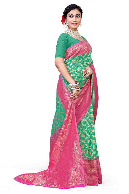 Owl Sky Kanjivaram Cotton Silk Saree for Women with Zari Border | Traditional Indian Saree with Unstitched Blouse Piece | Lightweight Festival Wear Saree | Elegant Soft Cotton Silk Saree Parrot Green
