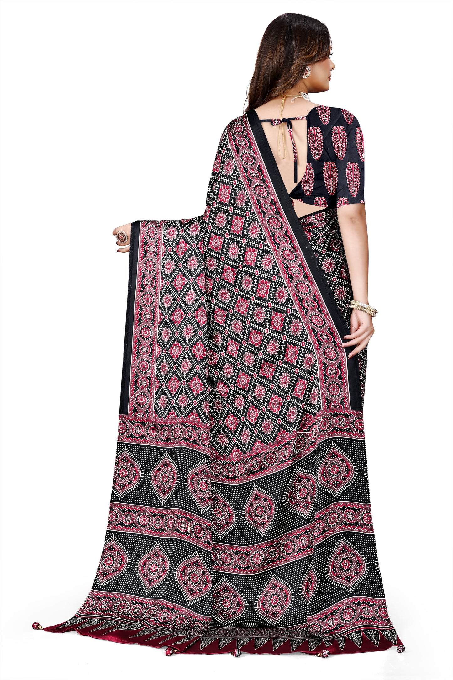 OWLSKY, SASSY & STYLO Womens Japan Satin Saree with Foil Print | Traditional Printed Saree with Unstitched Blouse | Festive Wear Saree for Women | Ethnic Designer Saree Dark Purple