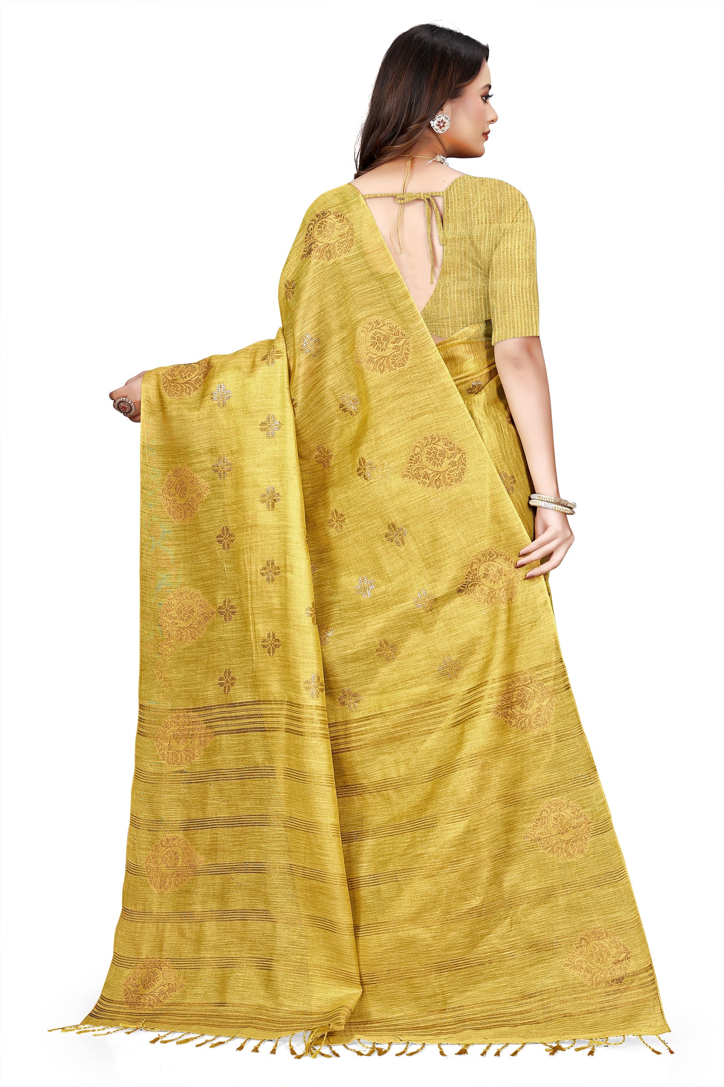 OWLSKY, SASSY & STYLO Women's Elegant Linen Weaving Saree with Unstitched Blouse Piece Haldi Yellow
