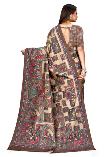 Madhubani Print Manipuri Silk Saree for Women | Indian Ethnic Party & Casual Wear | Unstitched Blouse Included Maroon