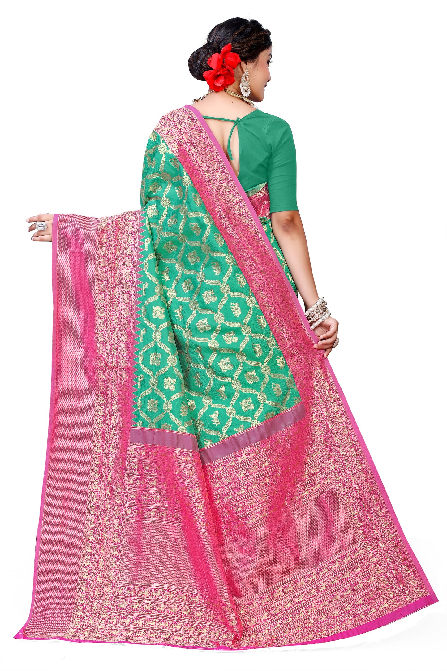 Owl Sky Kanjivaram Cotton Silk Saree for Women with Zari Border | Traditional Indian Saree with Unstitched Blouse Piece | Lightweight Festival Wear Saree | Elegant Soft Cotton Silk Saree Parrot Green