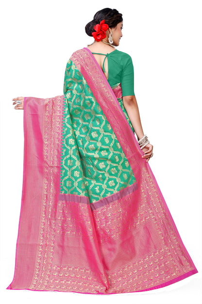 Owl Sky Kanjivaram Cotton Silk Saree for Women with Zari Border | Traditional Indian Saree with Unstitched Blouse Piece | Lightweight Festival Wear Saree | Elegant Soft Cotton Silk Saree Parrot Green