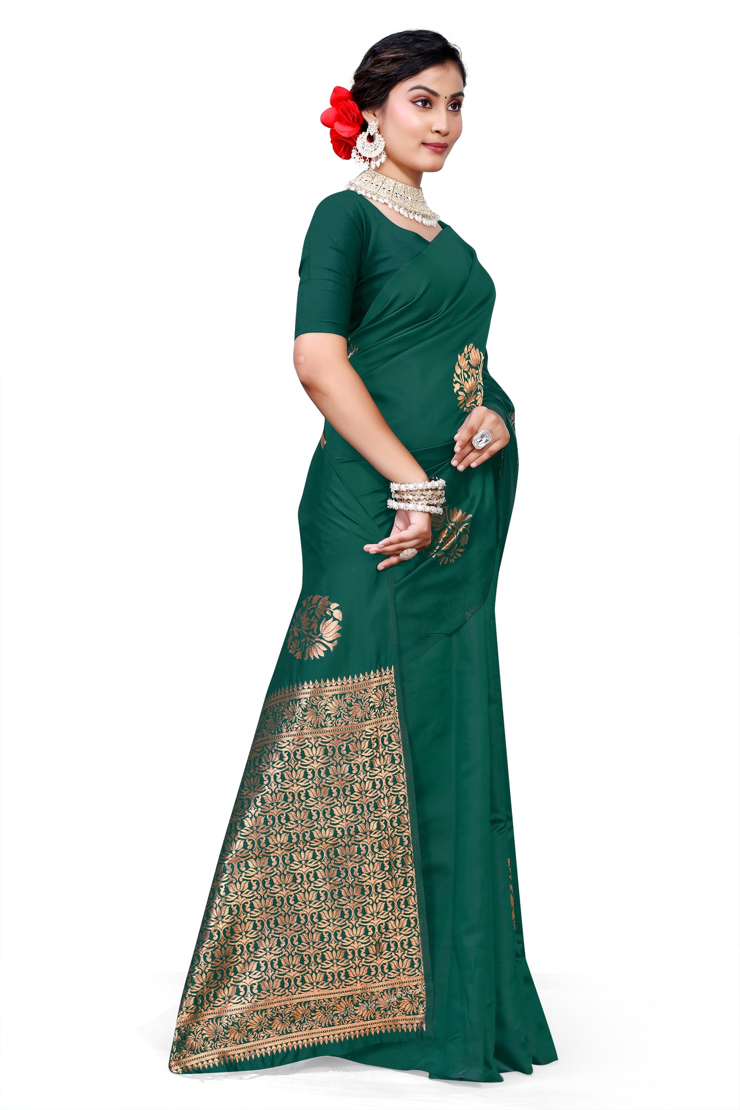 Owl Sky Kanjivaram Cotton Silk Saree for Women with Zari Border | Traditional Indian Saree with Unstitched Blouse Piece | Lightweight Festival Wear Saree | Elegant Soft Cotton Silk Saree Bottle Green