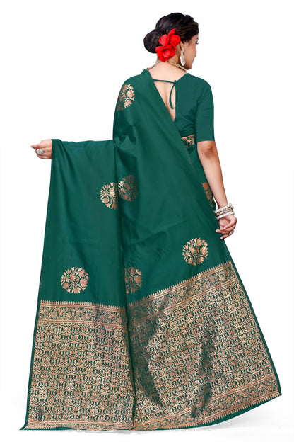 Owl Sky Kanjivaram Cotton Silk Saree for Women with Zari Border | Traditional Indian Saree with Unstitched Blouse Piece | Lightweight Festival Wear Saree | Elegant Soft Cotton Silk Saree Bottle Green