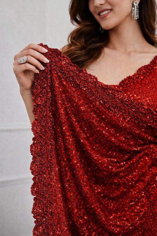 Designer Georgette Saree with Zalar Pallu and Multisequin Embroidered Silk Blouse