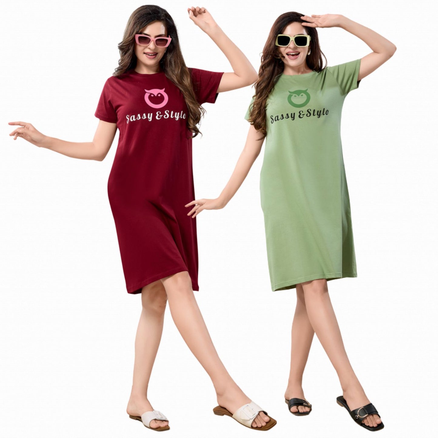 Women's Solid Printed Casual Relaxed Cotton Knee Length Regular Fit Nighty Combo Set of 2