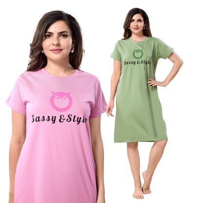 Women's Solid Printed Casual Relaxed Cotton Knee Length Regular Fit Nighty Combo Set of 2