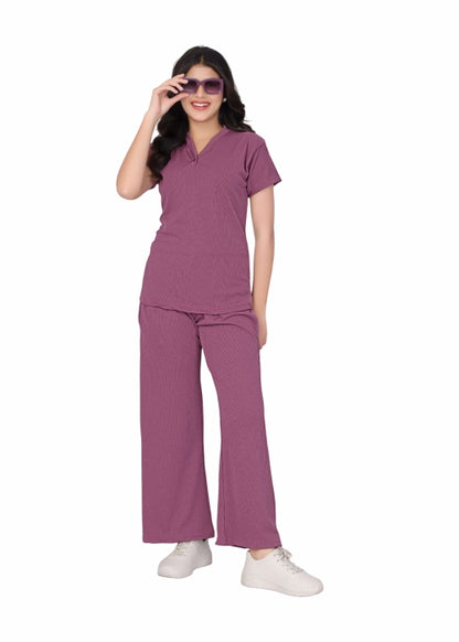 Women's V-Neck Short Sleeve Top and Flared Pants Set