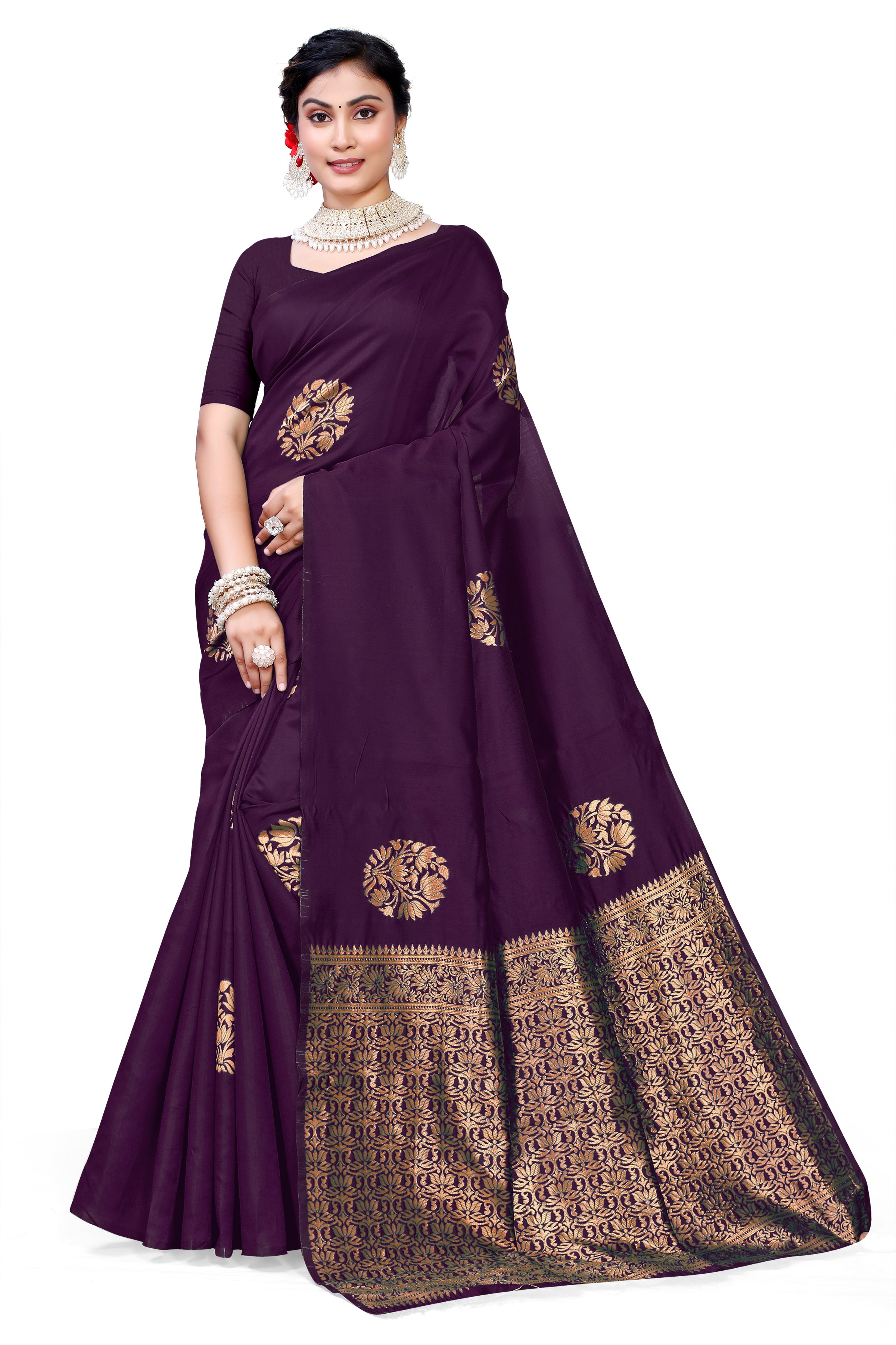 Owlsky Women's Kanjivaram Silk Saree Soft Banarasi Style with Golden & Silver Zari Border | Elegant Silk Look Saree with Unstitched Blouse Piece Maroon
