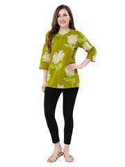Owl Sky Women’s Pure Cotton Jaipuri Printed Short Kurti –  Green