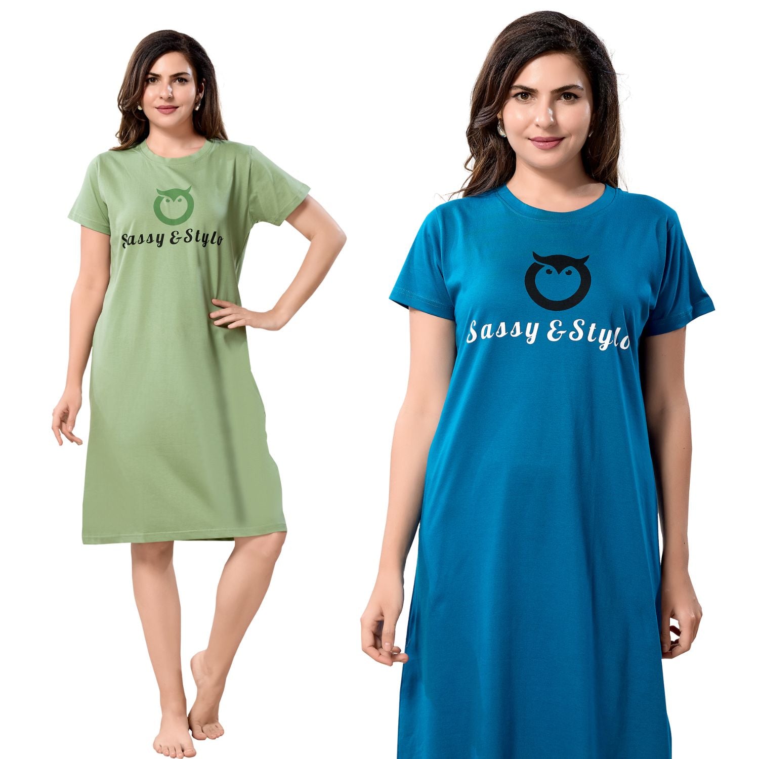 Women's Solid Printed Casual Relaxed Cotton Knee Length Regular Fit Nighty Combo Set of 2