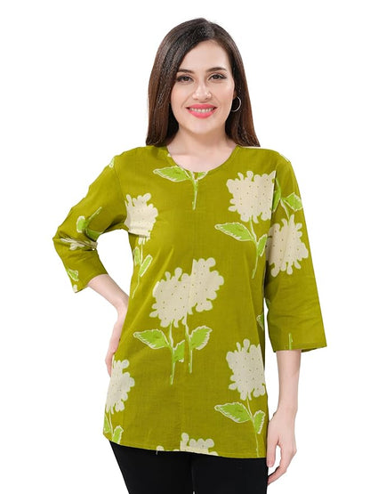 Owl Sky Women’s Pure Cotton Jaipuri Printed Short Kurti – Free Size Green