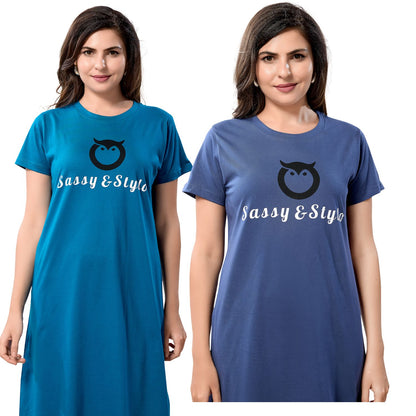 Women's Solid Printed Casual Relaxed Cotton Knee Length Regular Fit Nighty Combo Set of 2