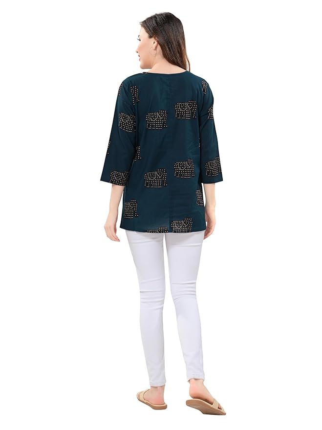 Owl Sky Women’s Pure Cotton Jaipuri Printed Short Kurti – Navy