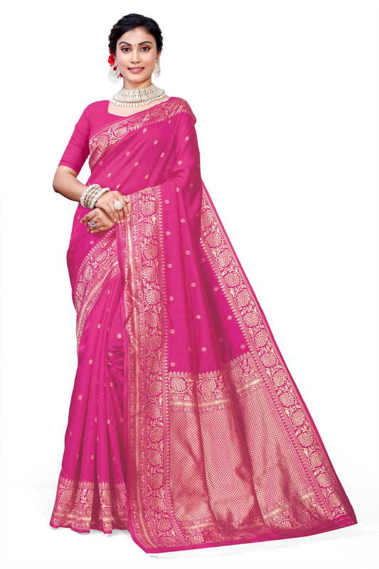 Owlsky Women's Kanjivaram Silk Saree Soft Banarasi Style with Golden & Silver Zari Border | Elegant Silk Look Saree with Unstitched Blouse Piece Rani Pink