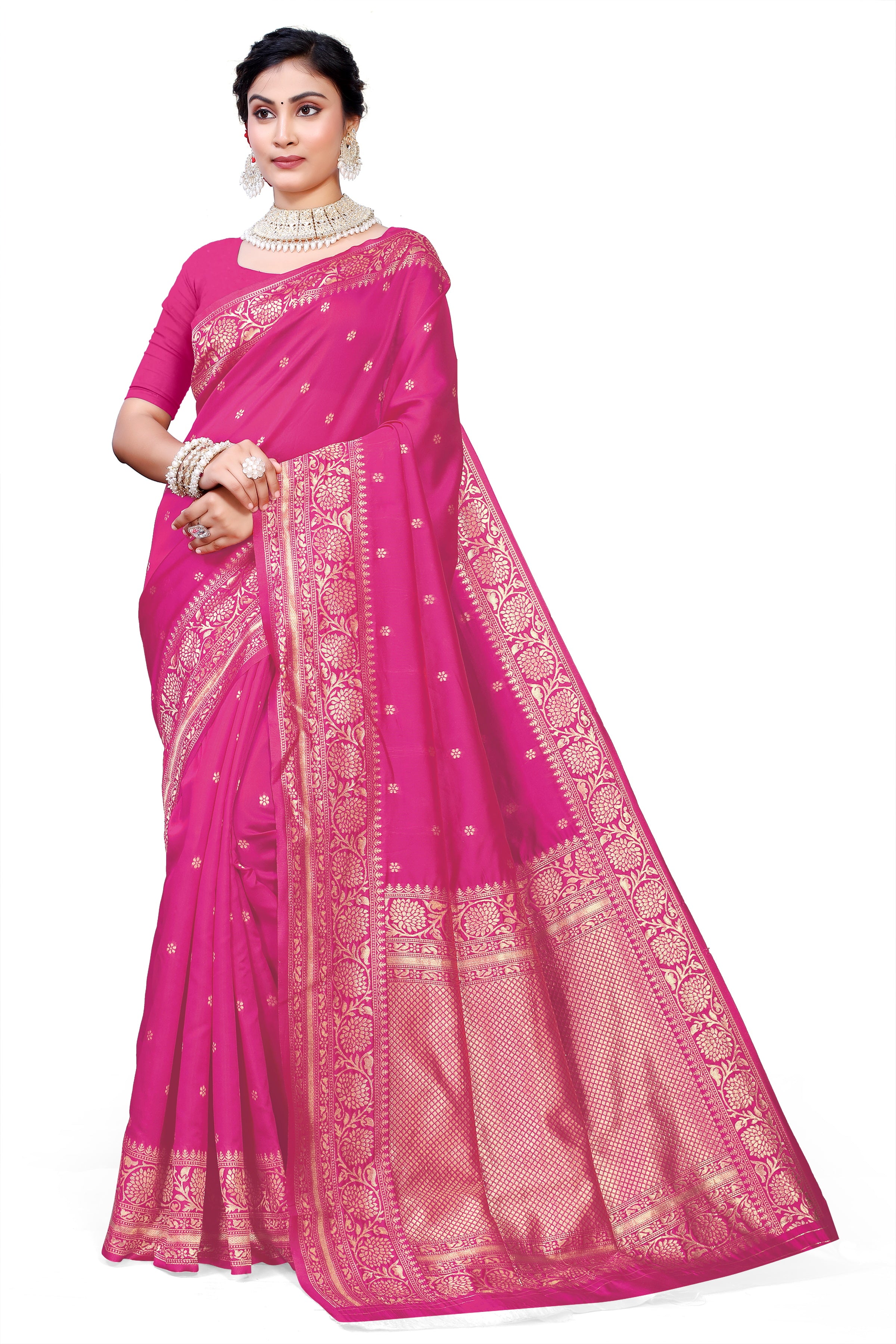 Owlsky Women's Kanjivaram Silk Saree Soft Banarasi Style with Golden & Silver Zari Border | Elegant Silk Look Saree with Unstitched Blouse Piece Rani Pink