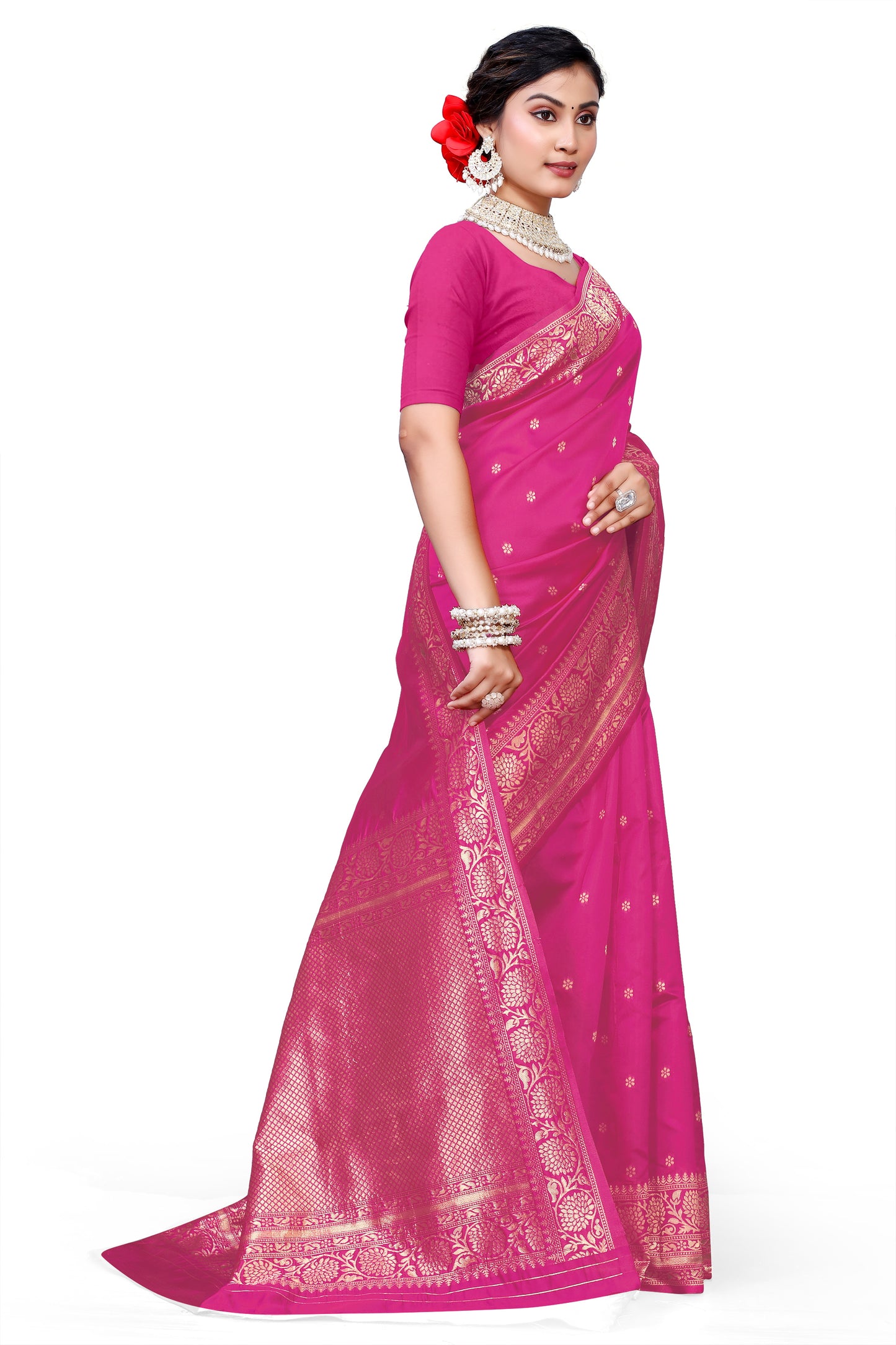 Owlsky Women's Kanjivaram Silk Saree Soft Banarasi Style with Golden & Silver Zari Border | Elegant Silk Look Saree with Unstitched Blouse Piece Rani Pink