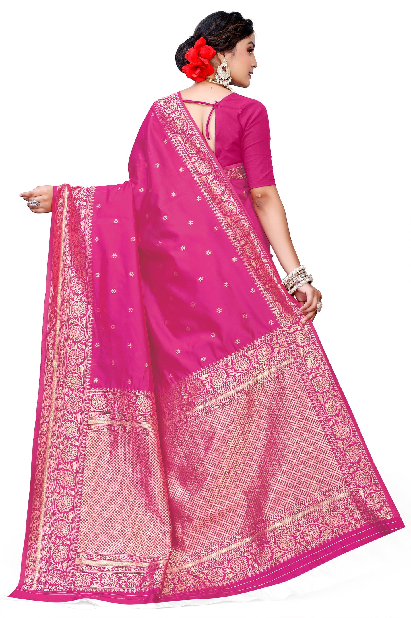 Owlsky Women's Kanjivaram Silk Saree Soft Banarasi Style with Golden & Silver Zari Border | Elegant Silk Look Saree with Unstitched Blouse Piece Rani Pink