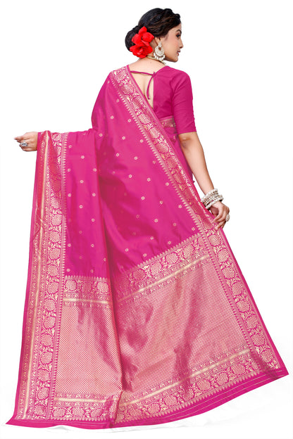 Owlsky Women's Kanjivaram Silk Saree Soft Banarasi Style with Golden & Silver Zari Border | Elegant Silk Look Saree with Unstitched Blouse Piece Rani Pink