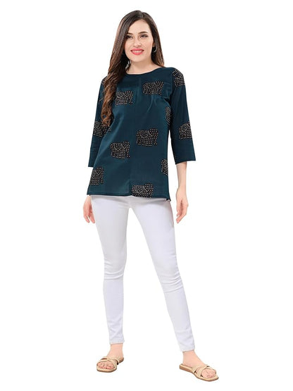 Owl Sky Women’s Pure Cotton Jaipuri Printed Short Kurti – Free Size Navy