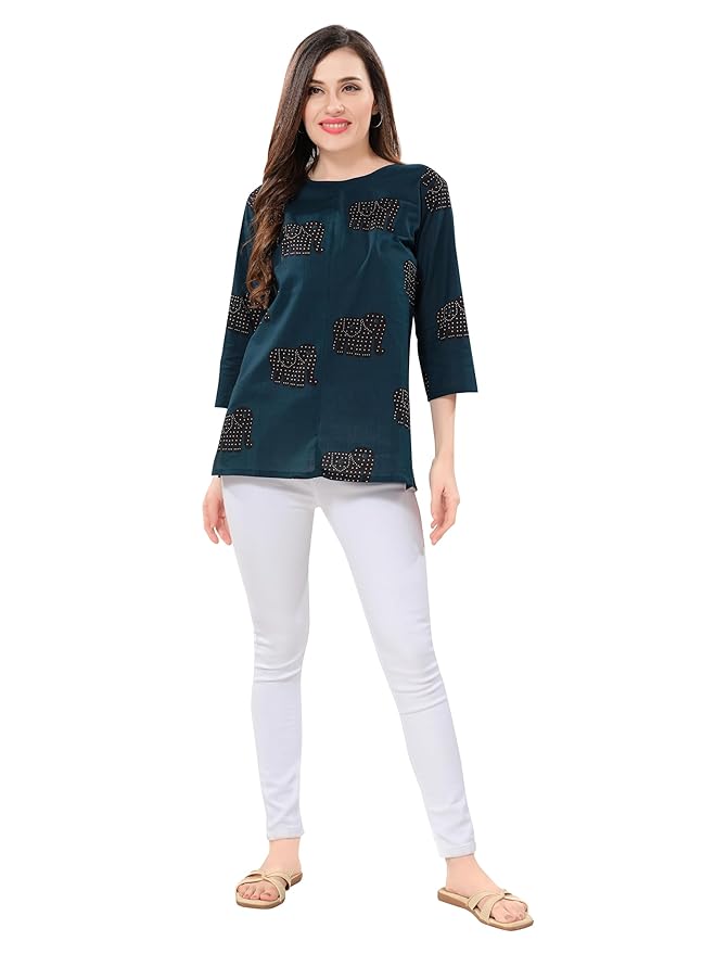 Owl Sky Women’s Pure Cotton Jaipuri Printed Short Kurti – Navy