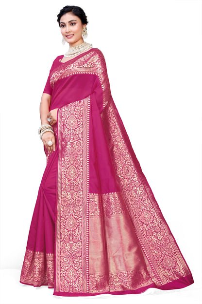 Kanjivaram Cotton Silk Saree for Women with Zari Border | Traditional Indian Saree with Unstitched Blouse Piece | Lightweight Festival Wear Saree | Elegant Soft Cotton Silk Saree Magenta Pink