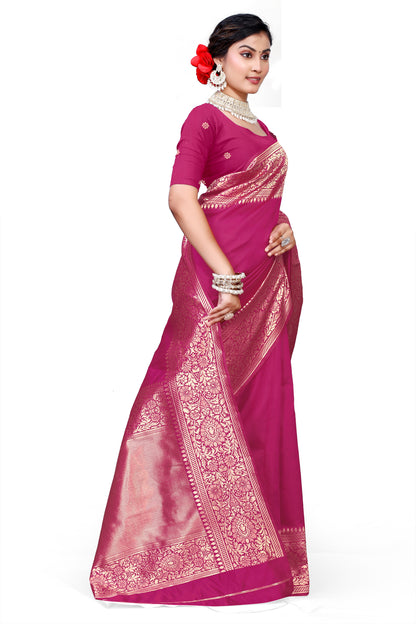 Kanjivaram Cotton Silk Saree for Women with Zari Border | Traditional Indian Saree with Unstitched Blouse Piece | Lightweight Festival Wear Saree | Elegant Soft Cotton Silk Saree Magenta Pink