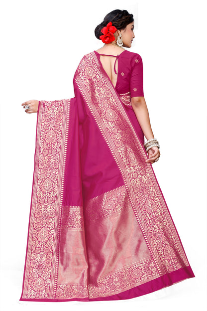Kanjivaram Cotton Silk Saree for Women with Zari Border | Traditional Indian Saree with Unstitched Blouse Piece | Lightweight Festival Wear Saree | Elegant Soft Cotton Silk Saree Magenta Pink