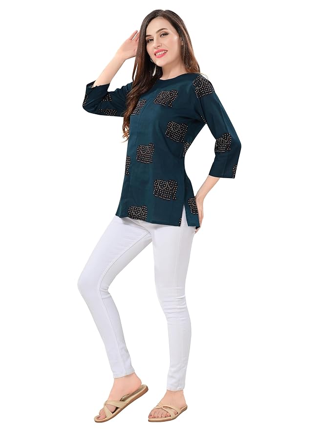 Owl Sky Women’s Pure Cotton Jaipuri Printed Short Kurti – Navy