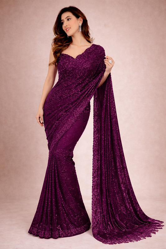 Wine Sequins Bollywood Saree - Faux Georgette with Designer Embroidery Blouse