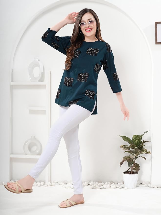 Owl Sky Women’s Pure Cotton Jaipuri Printed Short Kurti – Free Size Navy