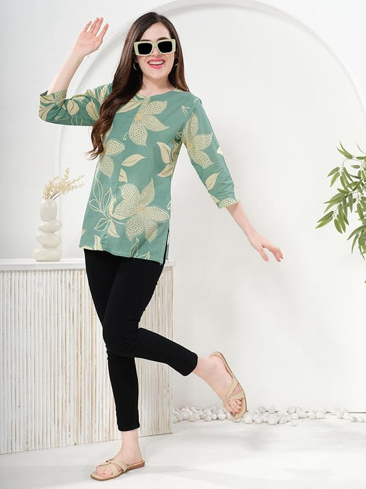 Owl Sky Women’s Pure Cotton Jaipuri Printed Short Kurti – Free Size Blue