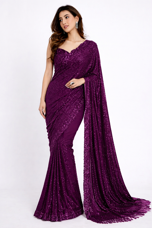 Wine Sequins Bollywood Saree - Faux Georgette with Designer Embroidery Blouse