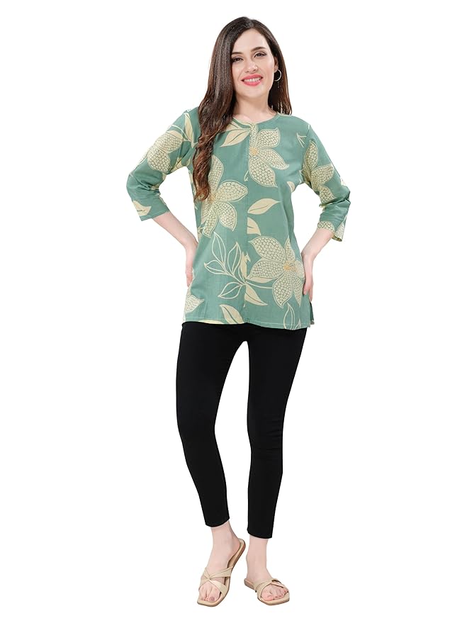 Owl Sky Women’s Pure Cotton Jaipuri Printed Short Kurti – Blue