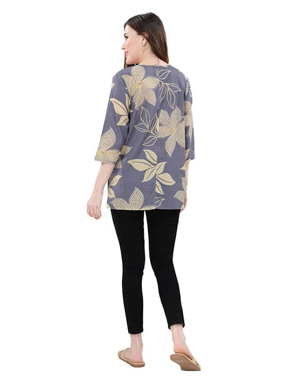 Owl Sky Women’s Pure Cotton Jaipuri Printed Short Kurti – Free Size Purple