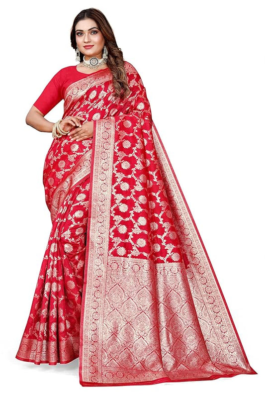 Owl Sky Women's Kanjivaram Soft Lichi Silk Saree with Silver Zari Floral Weave | With Unstiched Blouse Piece | Elegant Lightweight Indian Ethnic Sari | Red