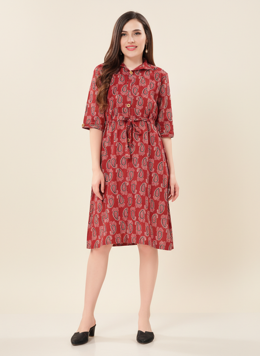 Owlsky Women Rust Red & Black Pure Cotton Kalamkari Printed A-Line Shirt Dress-One Piece