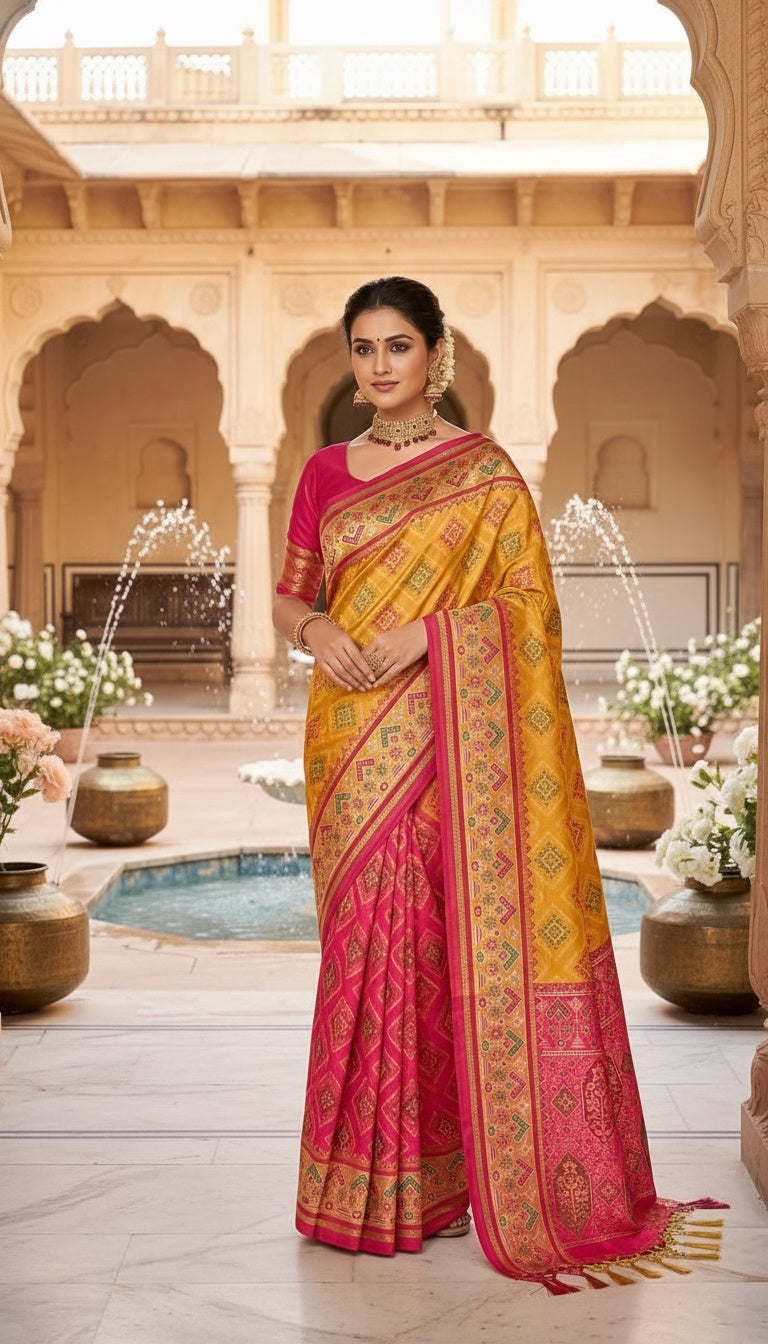 OWLSKY, SASSY & STYLO Women’s Patola Silk Saree with Unstitched Blouse | Woven Ethnic Design | Dual Tone Traditional Saree | Festive, Casual & Office Wear