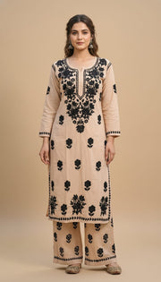 Owlsky Women Beige Lakhnavi Chikankari Modal Kurta with Palazzos