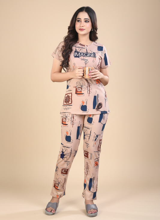 Owlsky Women Blush Pink Typographic Printed Hosiery Cotton Nightsuit