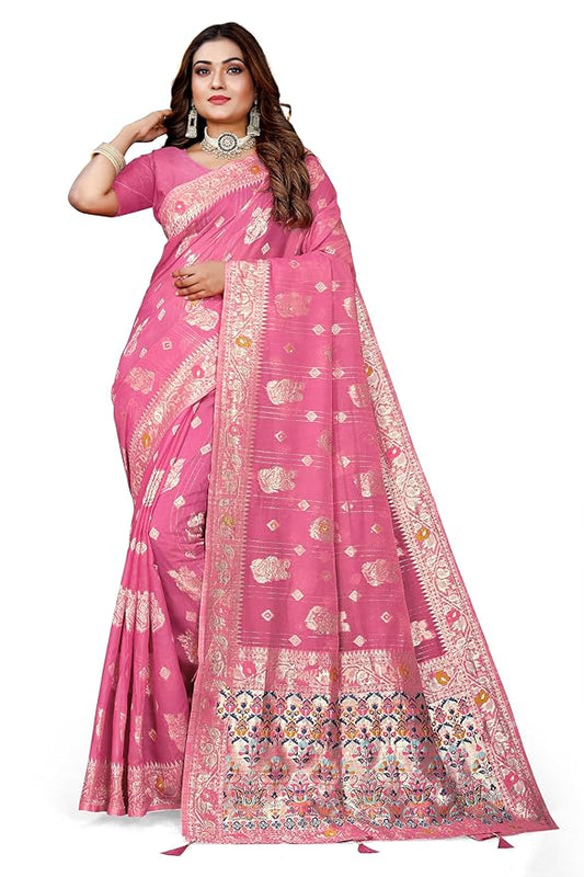 Owlsky Women’s Linen Tissue Silk Saree with Thread Weaving & Siroski Work | Included with Unstriched Blouse Piece | Rani Pink